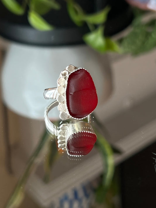 Ruby Red Sea Glass Ring